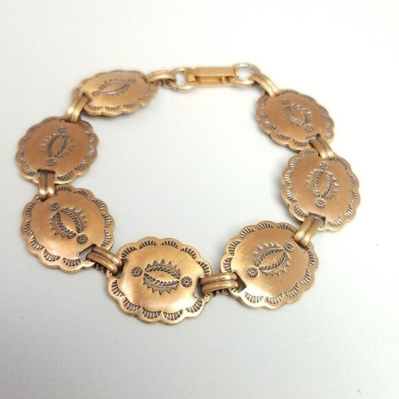 Vintage Copper Medallion Link Panel Bracelet, Hammered Stamp Design, 7 Inches - Picture 6 of 8